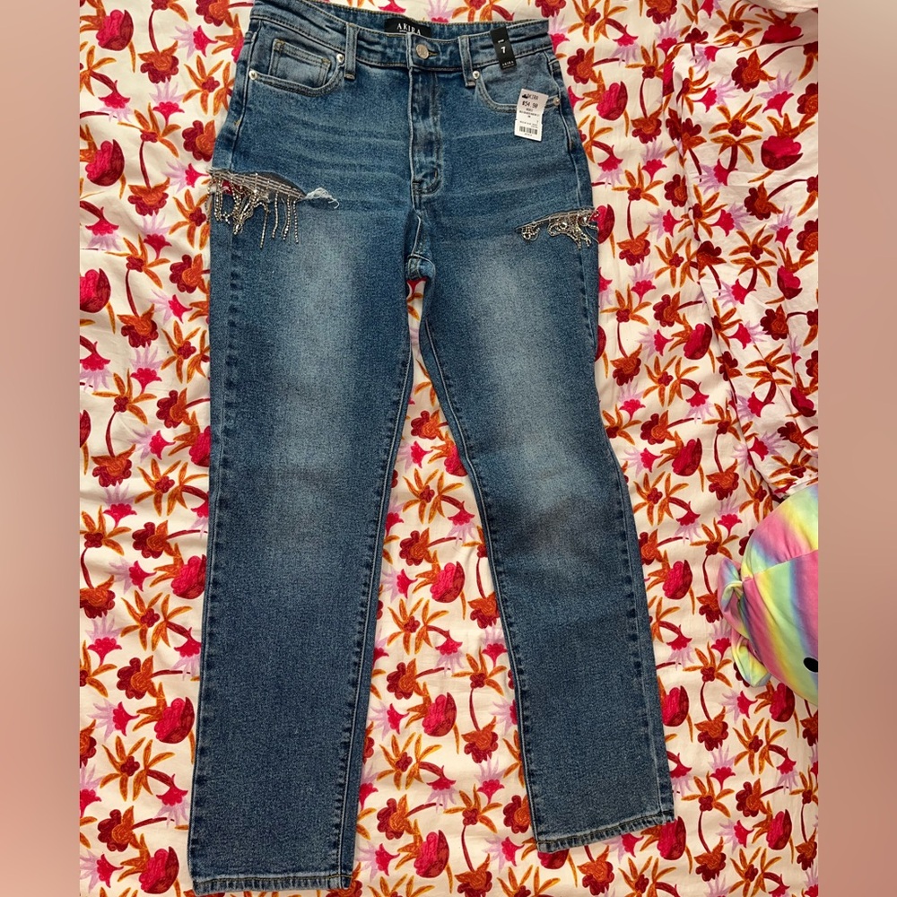AKIRA Cutout Rhinestone Fringe Jeans